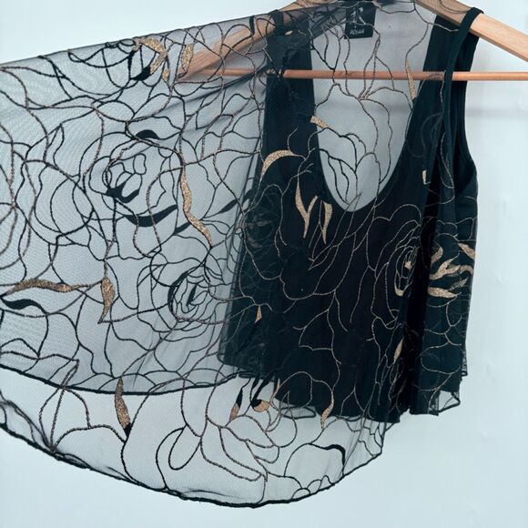 Whimsigoth Sheer Layered Black Tank Top with Gold Details, Sz Medium, Flowy - Picture 8 of 10